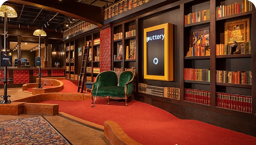 Puttery Chicago in Fulton Market featuring the Library and Lodge indoor mini golf courses, craft cocktails, upscale dining and private events.