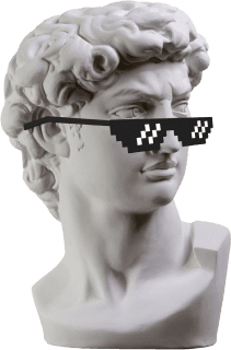museum head with pixelated sunglasses to symbolize the indoor mini golf interactive experience