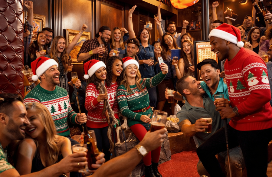 Large group cheers with drinks during a festive Puttery holiday party