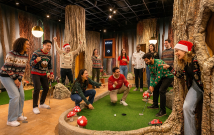 Holiday party group plays immersive indoor mini golf at Puttery