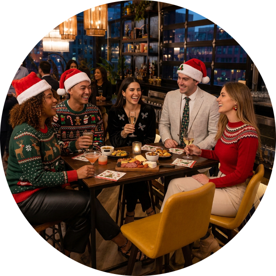 Friends in holiday sweaters toast over cocktails and shareable food at a Puttery holiday party
