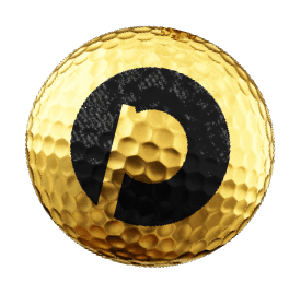Gold golf ball with dimpled surface and a bold black circular logo resembling a 'P'.