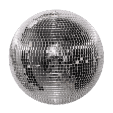 Disco ball with a mirrored mosaic reflecting light, a spherical party decoration.